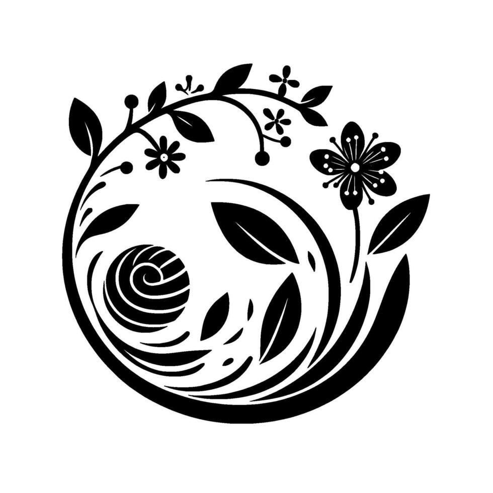 Elegant Black and White Floral Composition Circular Arrangement of Flowers, Leaves, and Ornate Details, Representing Growth and Harmony. vector