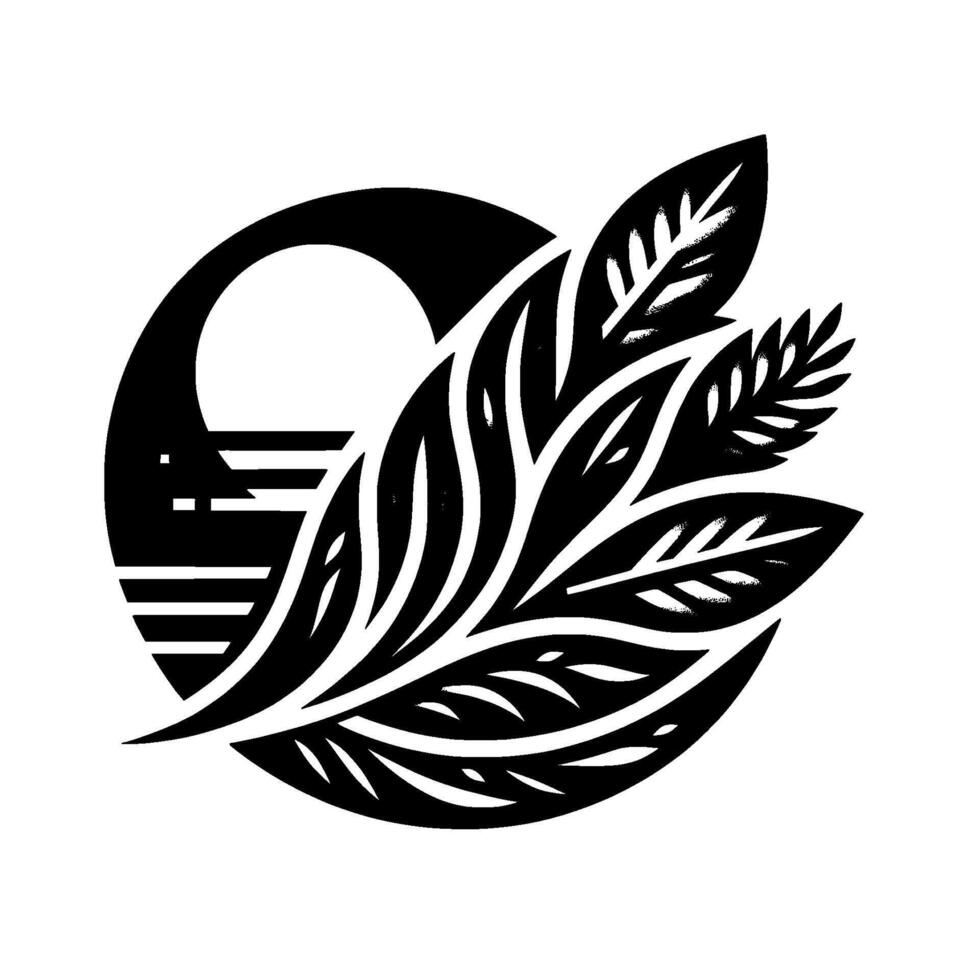 A minimalist black and white composition of a stylized leaf cluster against a backdrop of a sun and sea or horizon, within a circular frame. vector