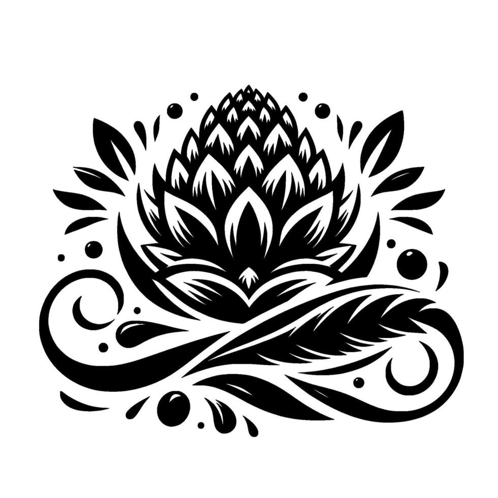 Black White Floral Mandala Intricate illustration of a stylized lotuslike flower with a hopcone center, surrounded by swirling organic shapes, bubbles, and leaves. vector