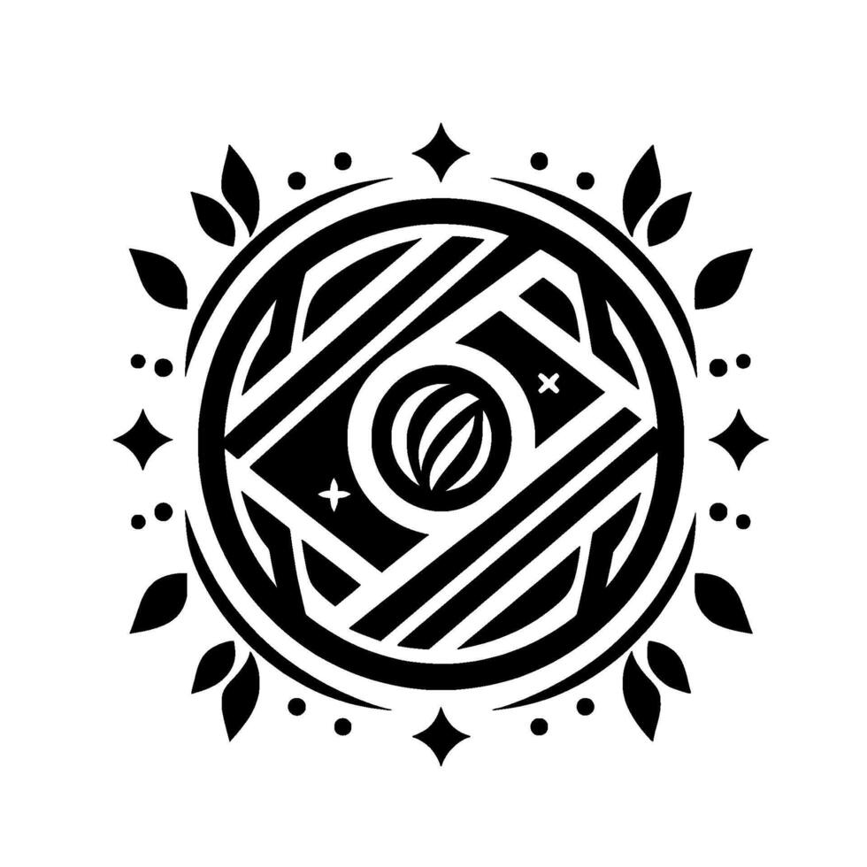Intricate Black and White Geometric Mandala with Circular Elements, Botanical Accents, and Starburst Outer Edge on White vector
