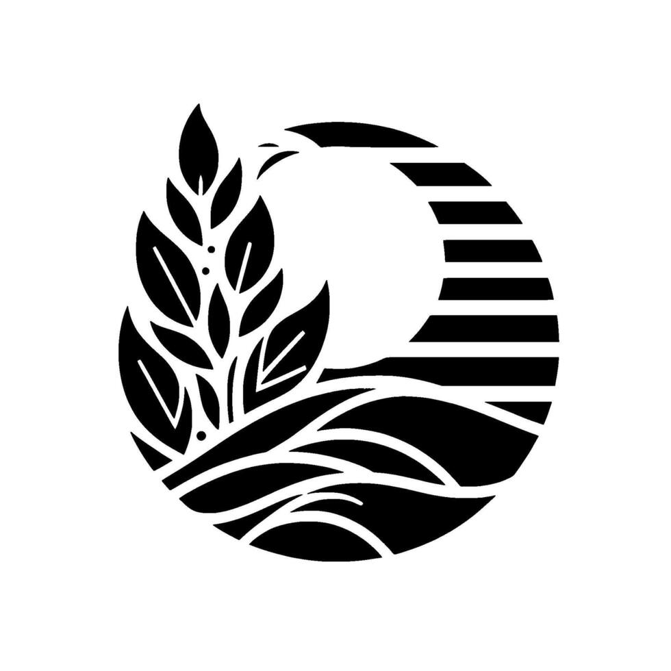 Monochromatic, stylized circular emblem featuring foliage and stylized landscape elements within a segmented circle. vector