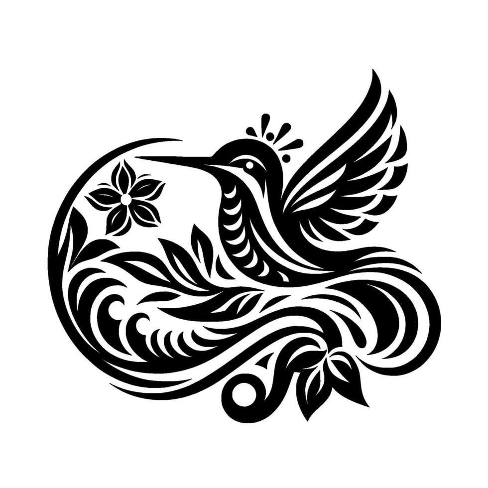 Elegant Black White Hummingbird Tattoo with Floral and Swirl Embellishments. vector