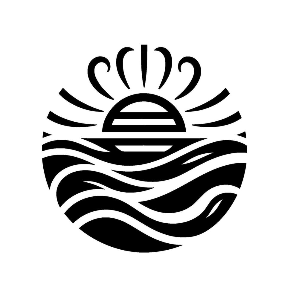 Stylized Black White Sunrise Over Wavy Ocean in a Circular Composition. vector