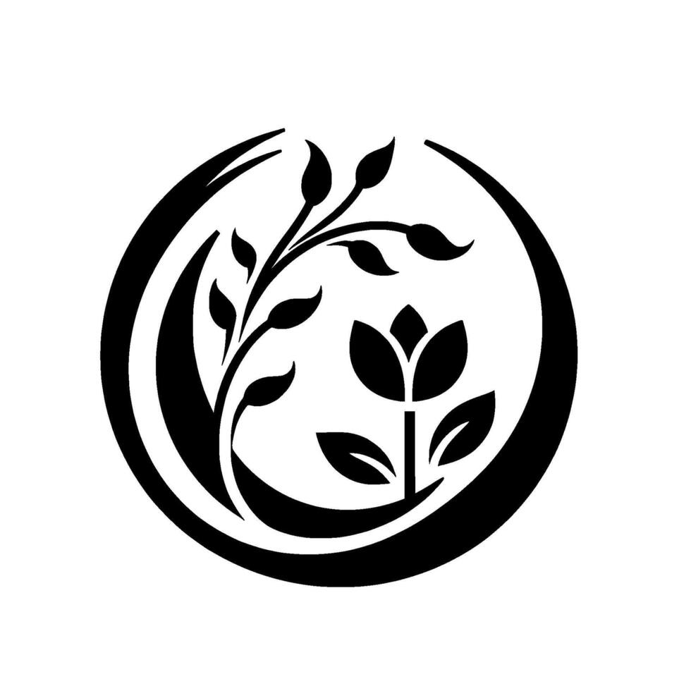 A minimalist, blackandwhite botanical emblem featuring a stylized tulip and branching leaves, contained within a thick, organic circle, evoking growth and nature. vector