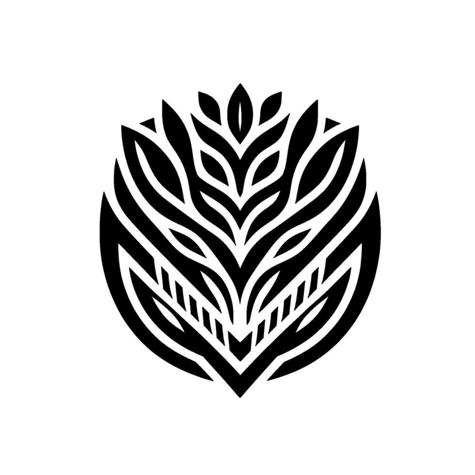 Intricate symmetrical black and white stylized botanical illustration forming a circular tribal design, featuring leaves, petals, and geometric details. vector