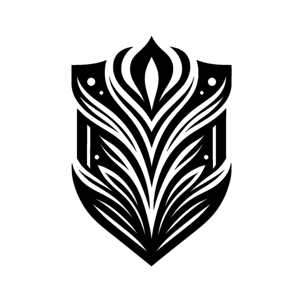 A symmetrical black and white illustration showcasing a stylized shield emblem with floral elements and dot accents, exuding a sense of elegance and classic design. vector