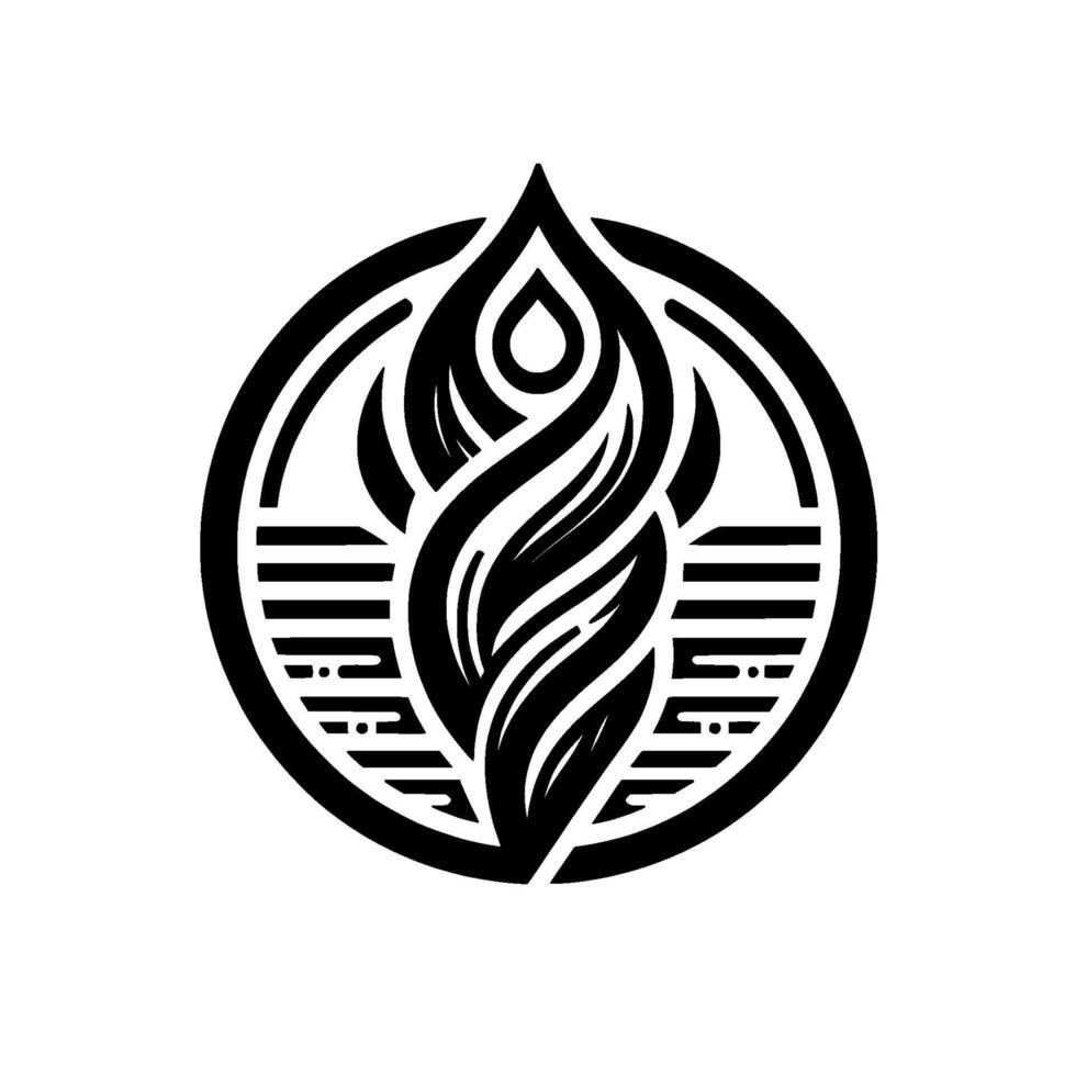 A minimalist, monochromatic emblem featuring a stylized flame or plant contained within a circular frame, evoking a sense of balance and natural elegance. vector