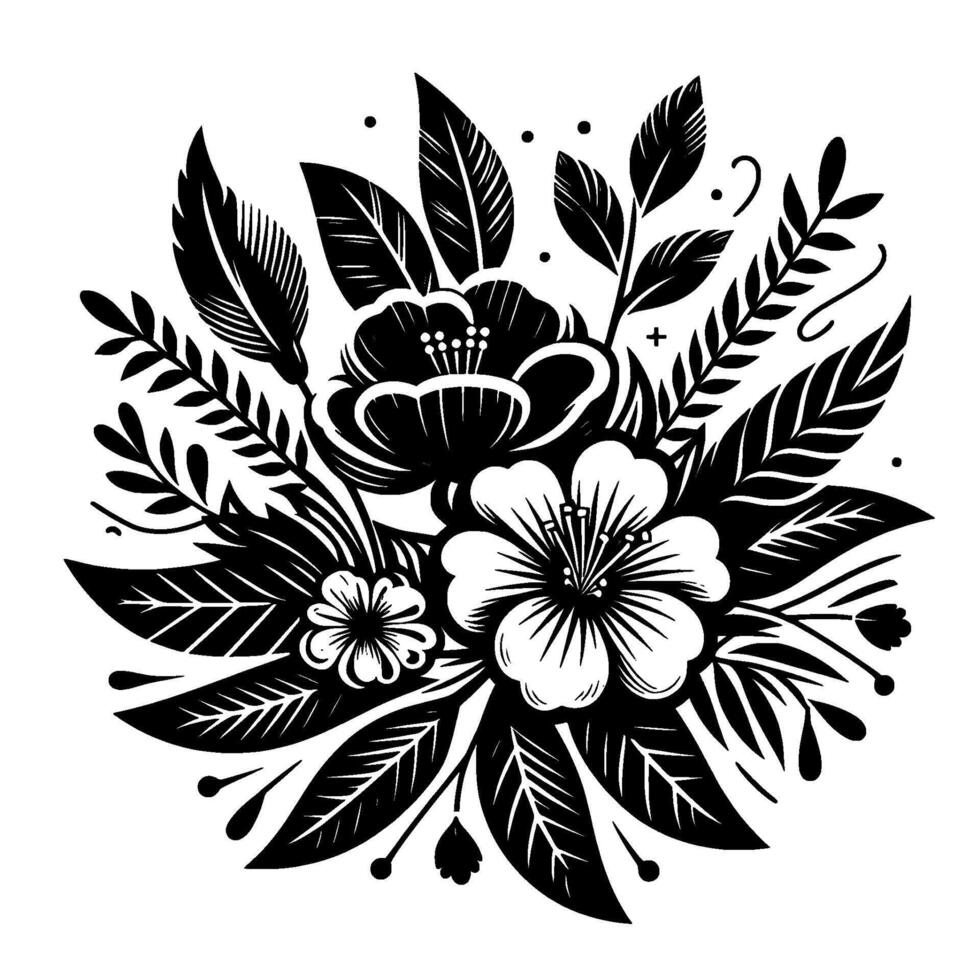Intricate black and white floral illustration featuring stylized flowers, leaves, and embellishments, evoking a sense of elegant simplicity. vector