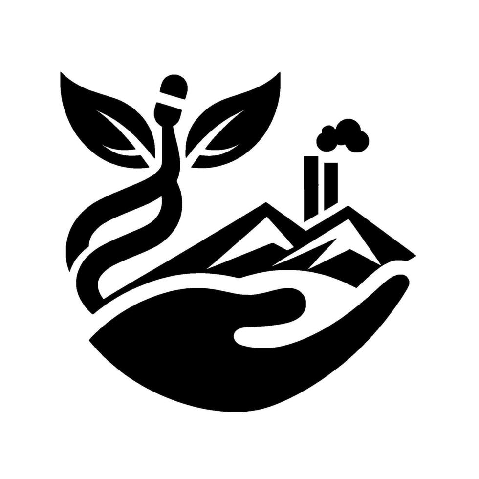 Black White EcoIllustration Hand cradling a plant intertwined with a factory emitting smoke, symbolizing environmental protection. vector