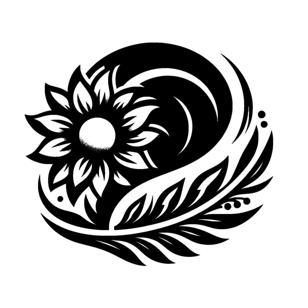 Intricate Black and White Floral Yin Yang with Sunflower, Crescent, and Leafy Elements, Forming a Harmonious Composition. vector