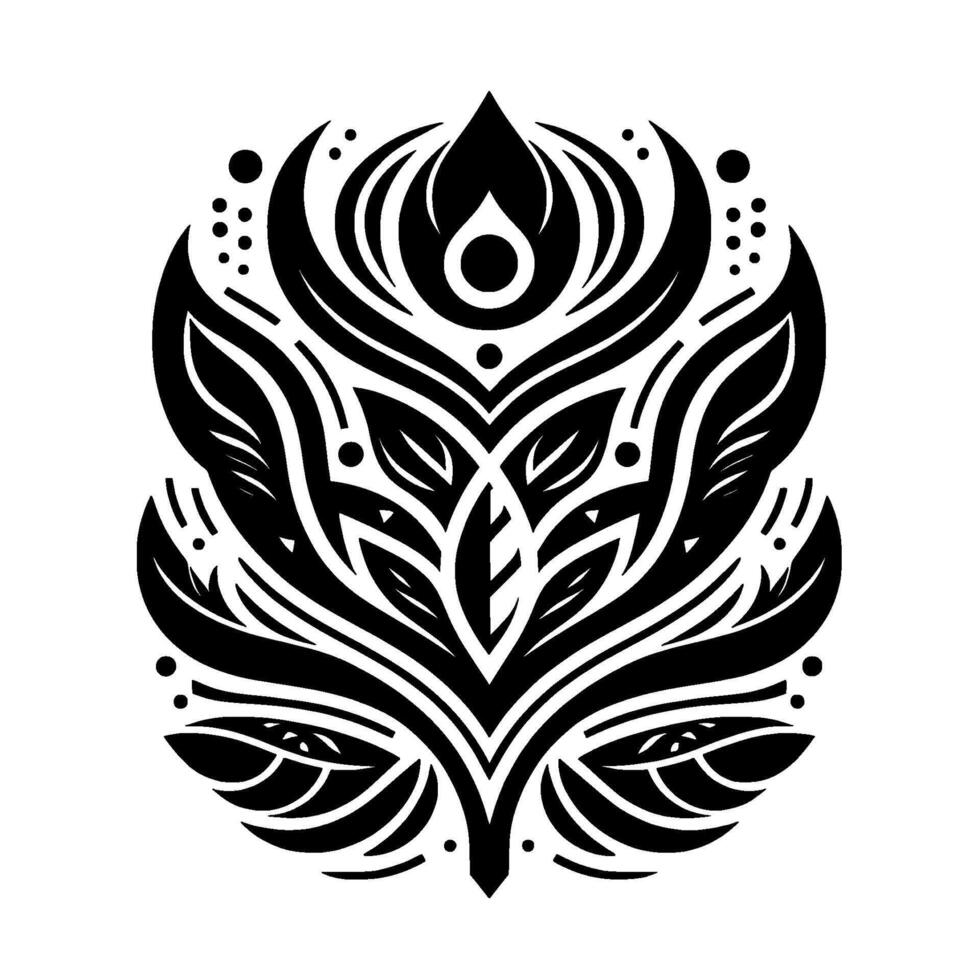 Symmetrical Black and White Floral Mandala Design, Botanical Ornament Featuring Leaves, Petals, and Dot Accents, Isolated on White. vector