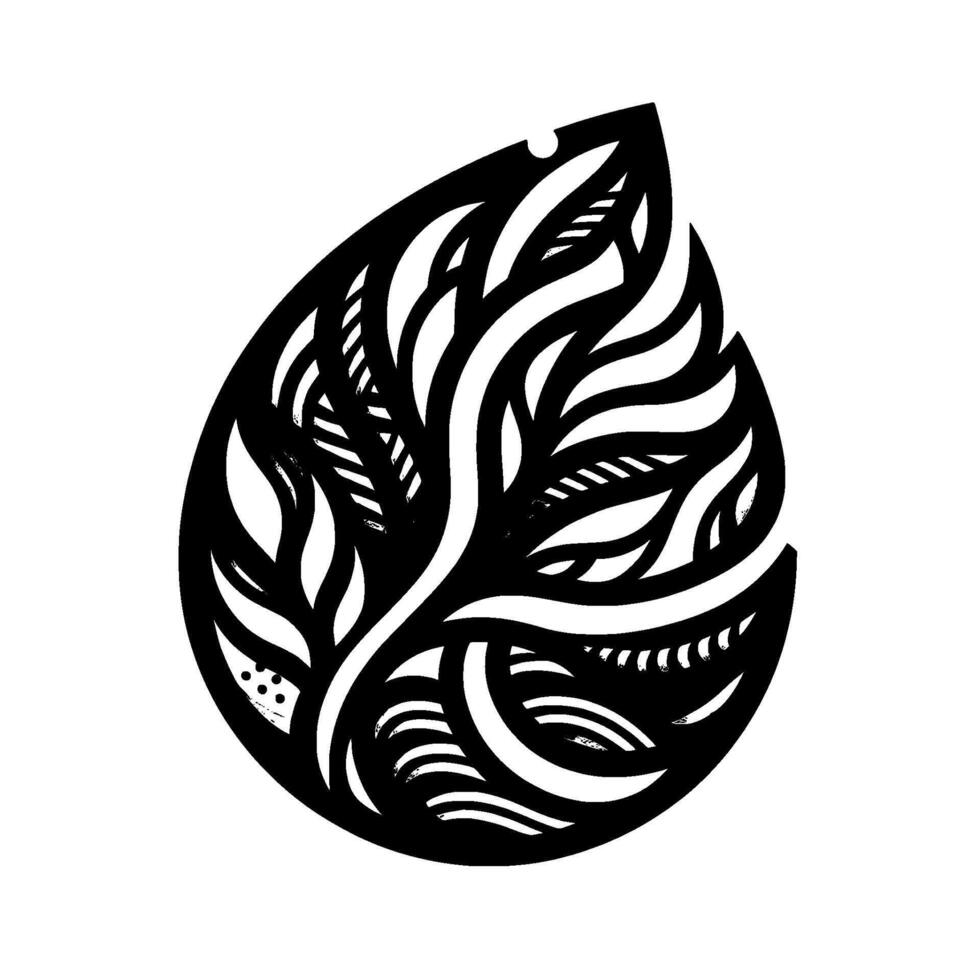 Abstract black and white paper cutout of an intricate treelike structure enclosed within a teardrop shape, set against a stark white backdrop. vector