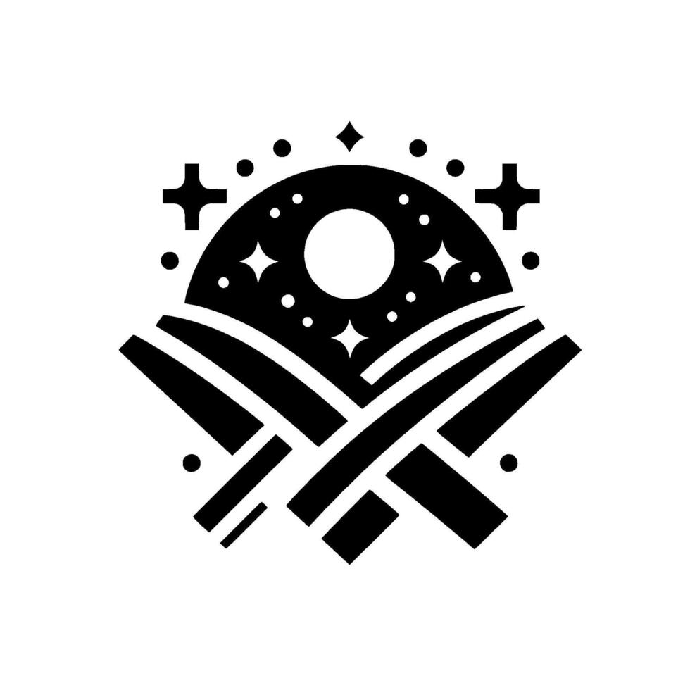 A minimalist celestial illustration of stylized hills under a starry night sky with a central full moon, all within a geometric black and white design. vector