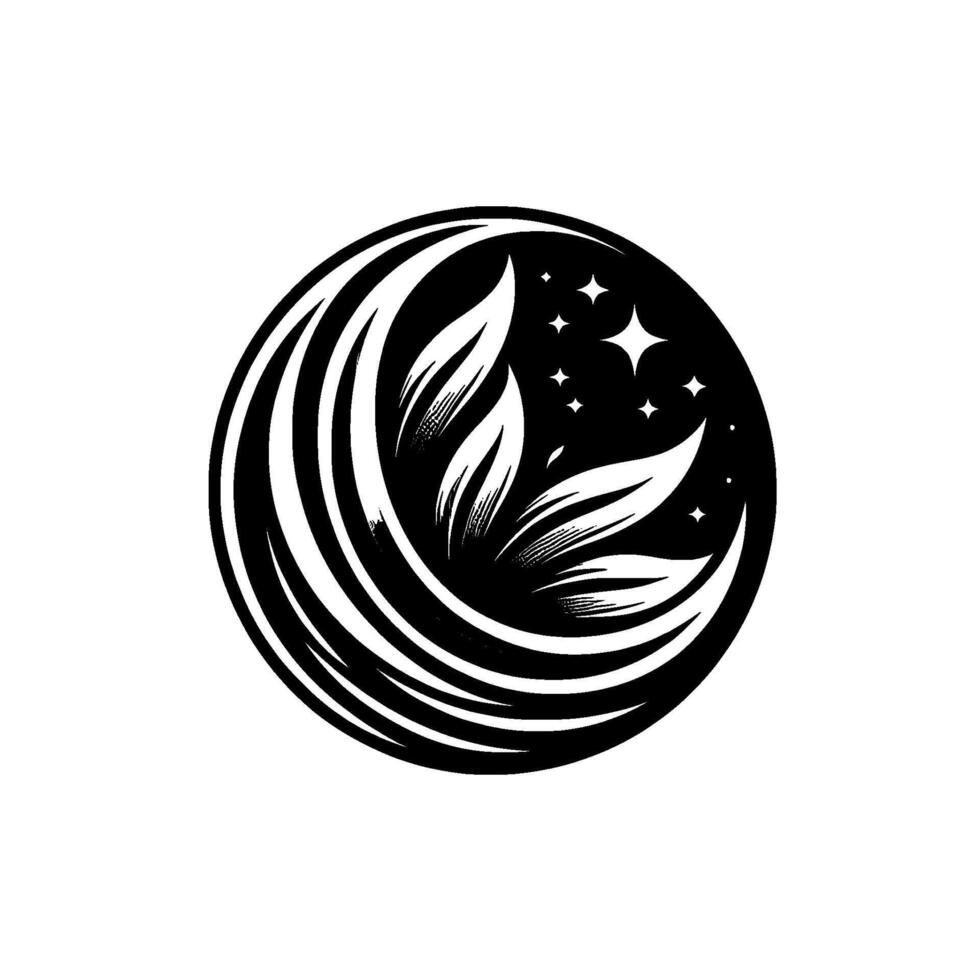 A stylized black and white circular emblem, incorporating a crescent, stylized leaves, and stars, evoking a sense of ethereal elegance and celestial beauty. vector