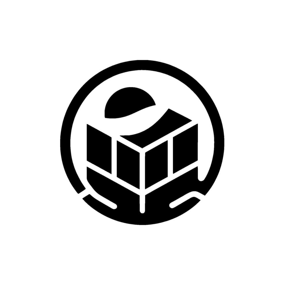 A minimalist black and white of a geometric cube nestled within a circle, flanked by symbolic hands, suggesting protection and support. vector