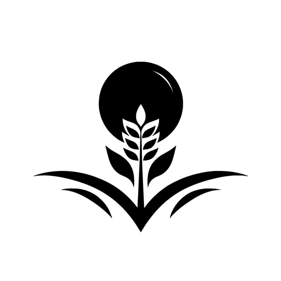 A stylized, minimalist featuring a black orb behind a wheat stalk sprouting from a Vshaped base, set against a stark white backdrop. vector