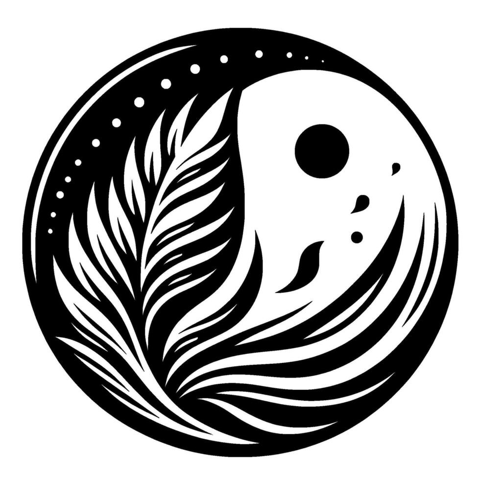 Intricate Yin Yang design, featuring flowing leaves, droplets, and a celestial body, all within a circular frame, emphasizing contrast and balance. vector