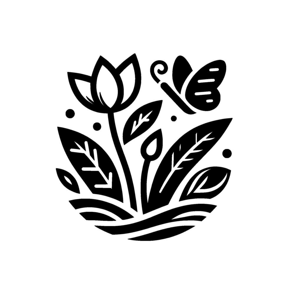 Simplified Black and White Nature Illustration Featuring a Lotus Flower, Butterfly, and Foliage, Suggesting Tranquility. vector