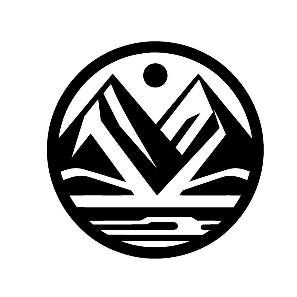 Minimalist Black and White Circular Emblem Depicting Mountains, a Sun and Water, Suggesting Nature and Adventure. vector