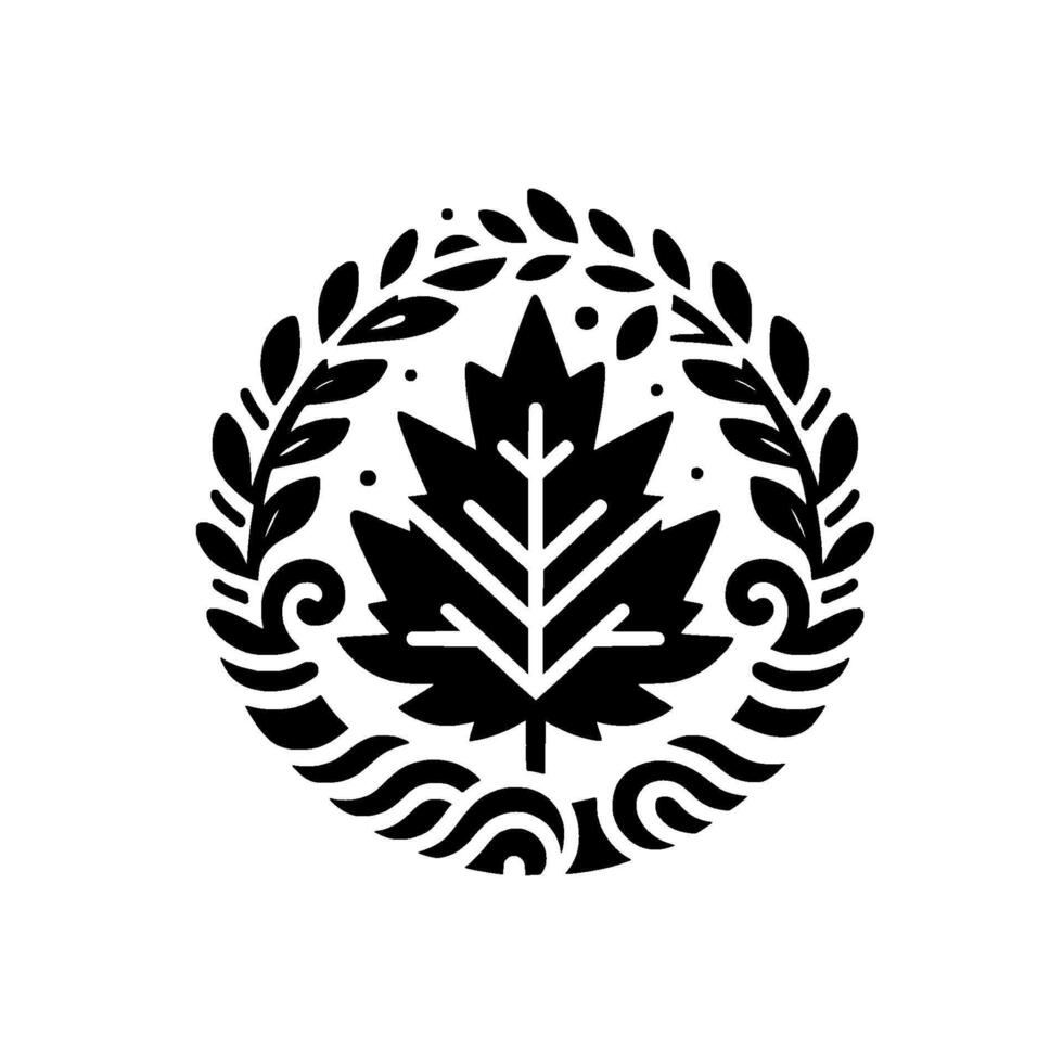 Bold black and white circular emblem featuring a stylized maple leaf at the center, encircled by a laurel wreath and decorative, swirling elements. vector