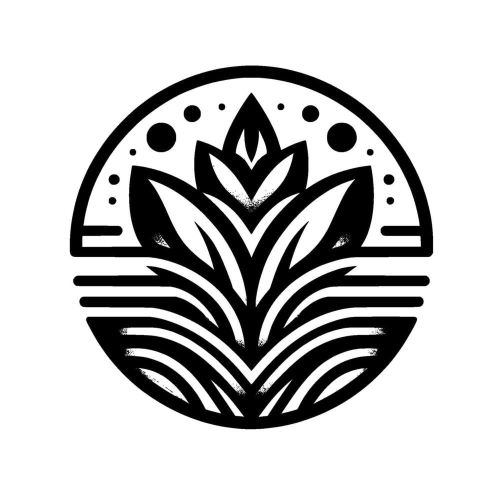 Elegant monochrome botanical with stylized flower, leaves, and radial lines within a circular frame. vector