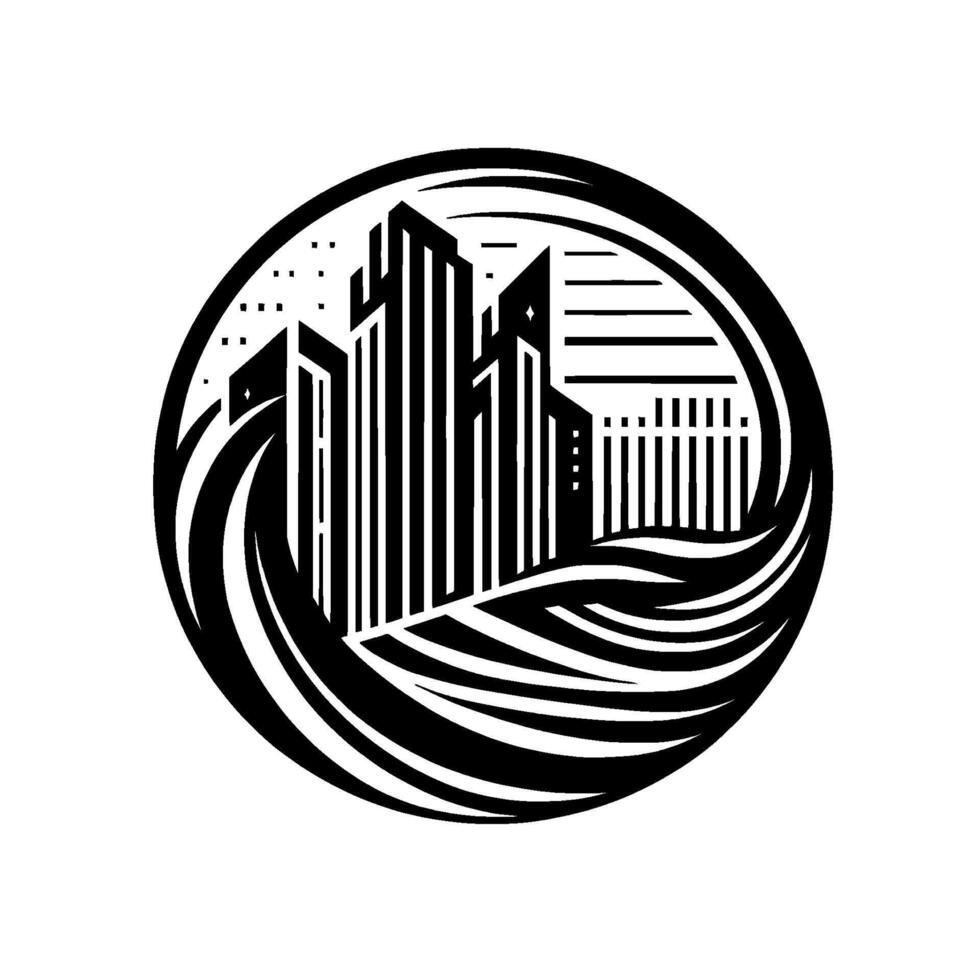 Black and white stylized cityscape enclosed within a circular frame, featuring geometric skyscrapers and swirling wavelike patterns, evoking urban serenity. vector