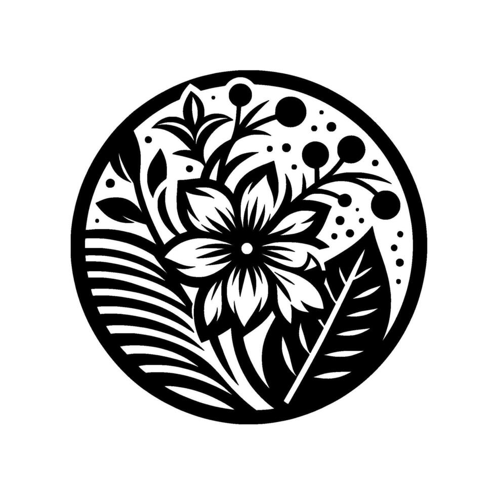 Intricate Black and White Floral Mandala Geometric with Central Flower, Leaves, Berries, and Decorative Elements. vector