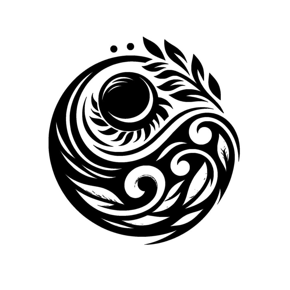 Yin Yanginspired abstract with swirling patterns, leaves, and sun motif, in black and white, creating harmony. vector