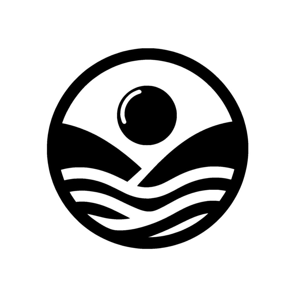 Minimalist Black and White Logo Sun Rising Over Rolling Hills and Water, Enclosed in a Circular Frame. vector