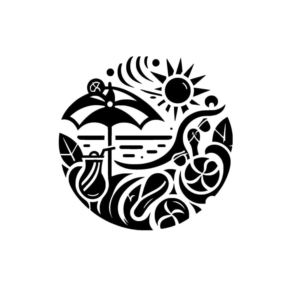 A stylized black and white circular illustration depicting a beach scene, featuring an umbrella, sun, waves, a cocktail, and decorative elements, evokes a relaxed summer ambiance. vector