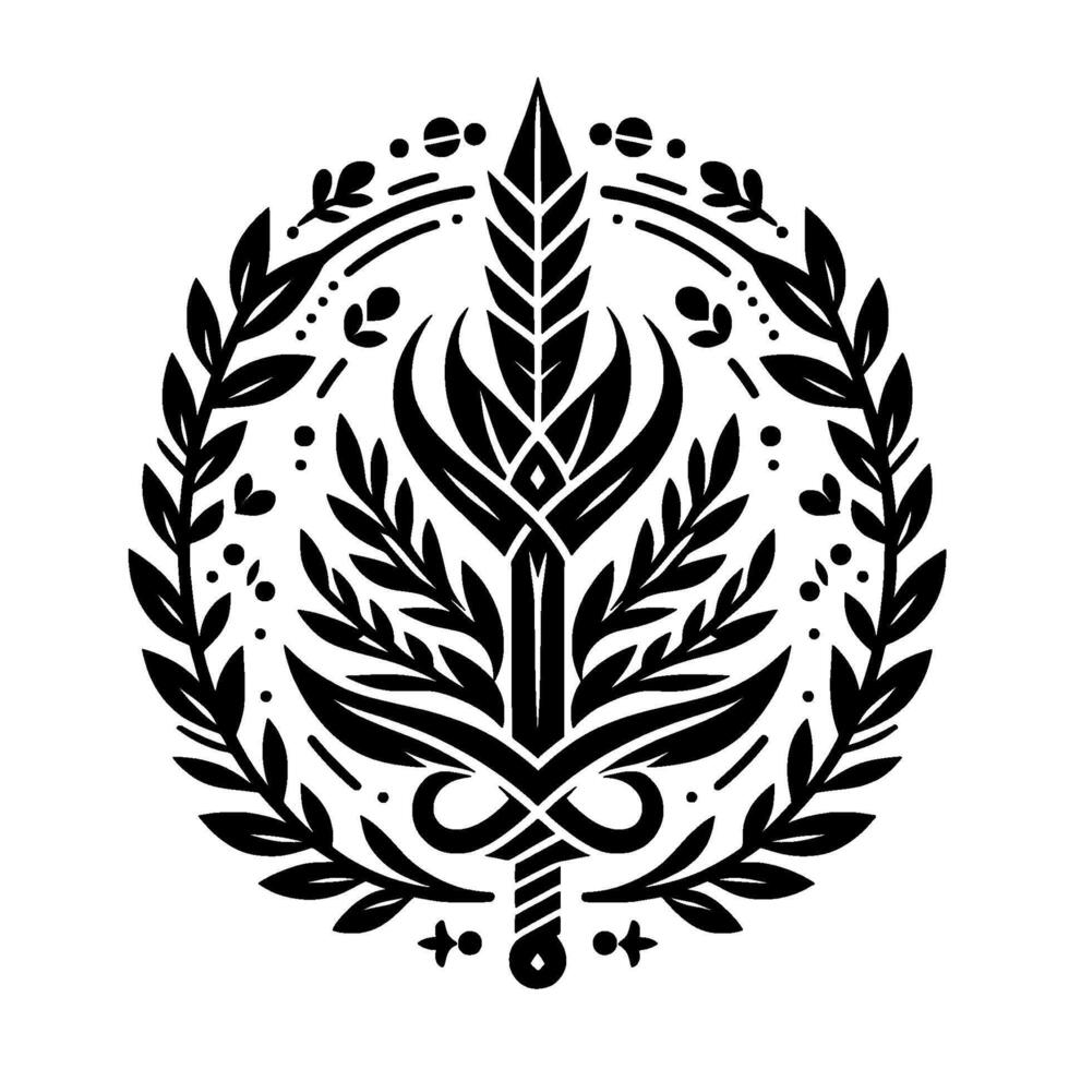 Intricate Black and White Floral Crest with a Central Spikelike Form Encircled by Laurel Wreath and Ornamental Details. vector
