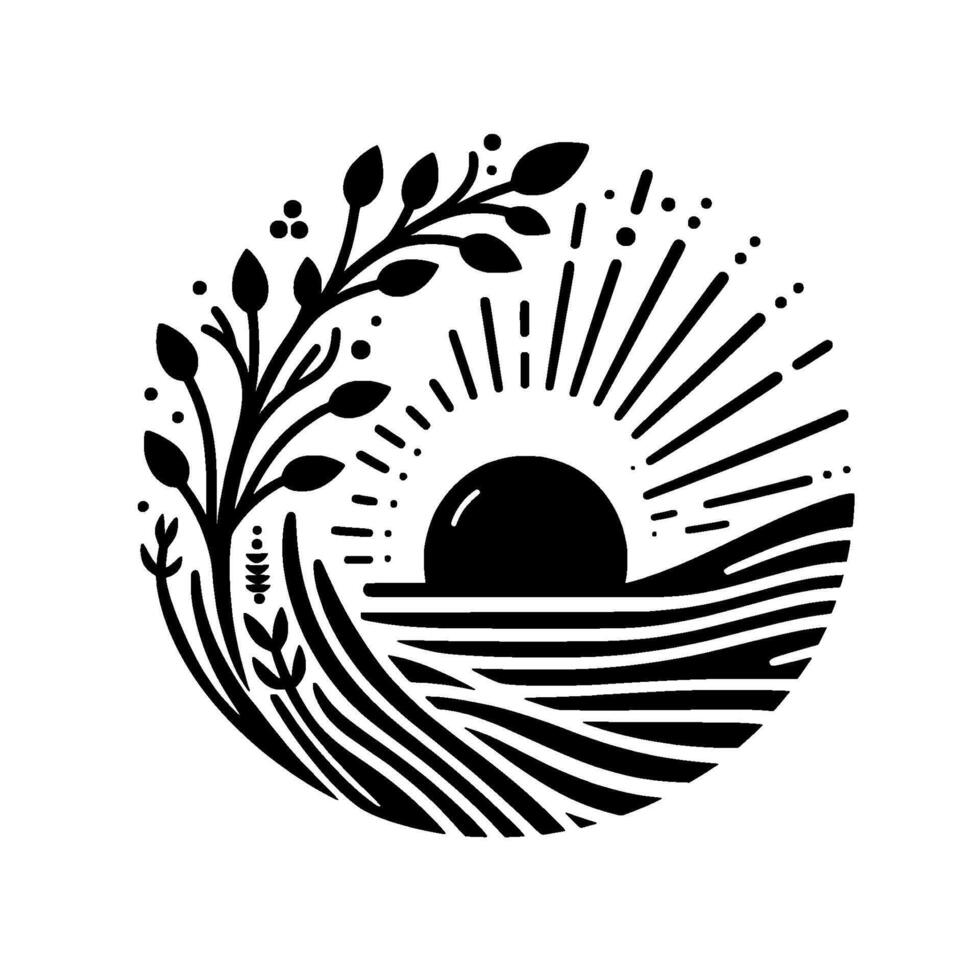 A stylized, minimalist black and white circular illustration of a sunrise over a landscape with flowing lines and foliage. vector