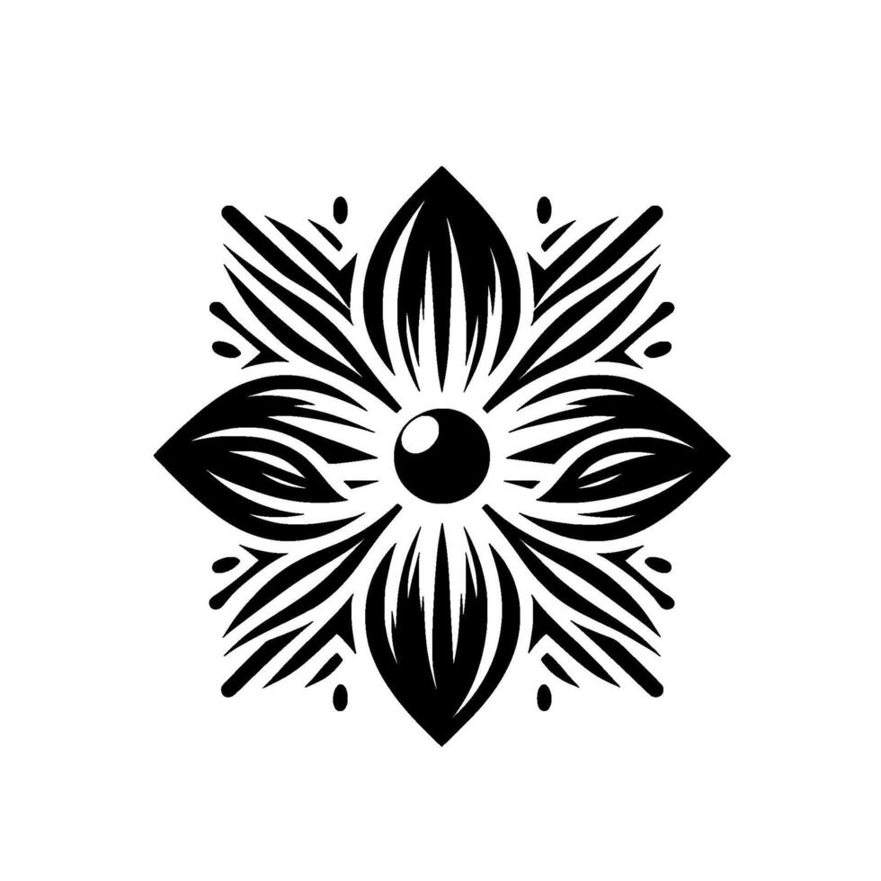 Bold Black and White Floral Mandala with Striated Petals and Central Orb Against a Clean White Background. vector