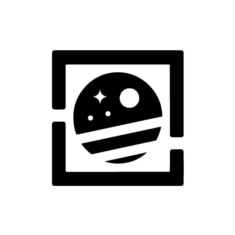 Minimalist Black and White Illustration of a Celestial Body Within a Square Frame, Depicting Stars, Moons, and Planetary Bands. vector