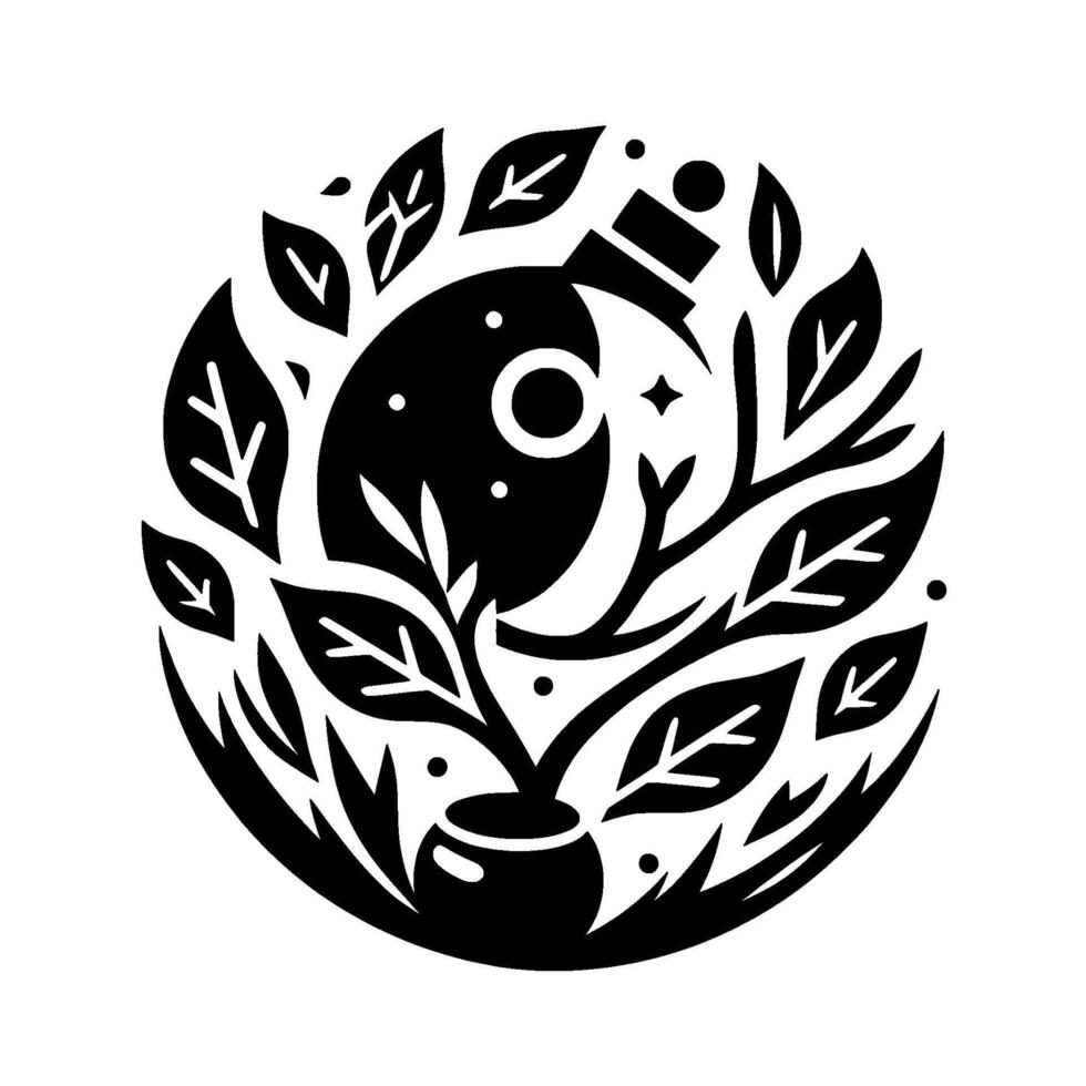 Celestial Potion Garden A minimalist black and white illustration depicting a moonshaped bottle and leafy plant arrangement within a circular frame. vector