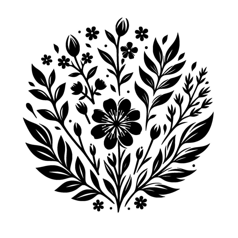 Symmetrical Floral Arrangement in Black and White A Stylized Botanical Circle Featuring Leaves, Blossoms, and Budding Stems. vector