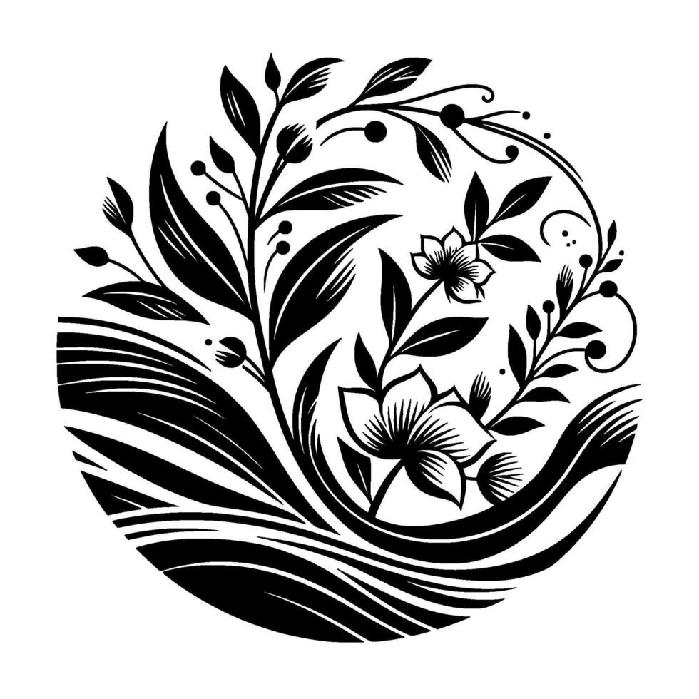 Elegant Black and White Floral Composition in a Circle, Featuring Leaves, Flowers, Berries, and Flowing Curved Lines. vector