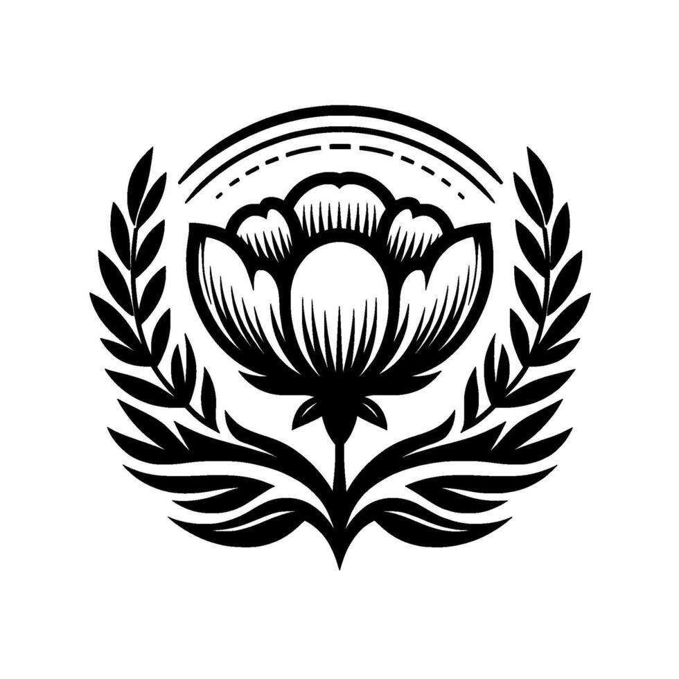 Intricate Black and White Floral Emblem with Laurel Wreath, Graceful Leaves, and Decorative Halo, Ideal for Design. vector