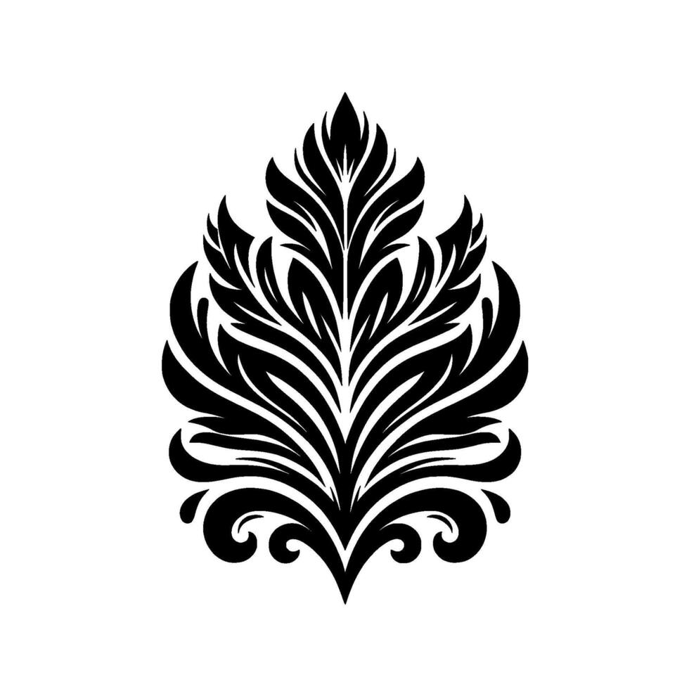 A symmetrical, stylized black and white floral reminiscent of ornate damask or baroque patterns, against a clean white backdrop, emphasizing form and elegance. vector