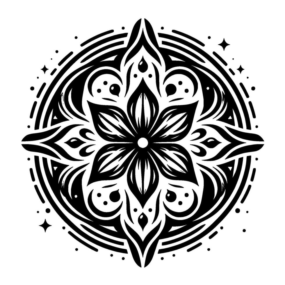 Intricate Black and White Floral Mandala with Circular Symmetry and Ornamental Details, Decorative Border and Star Elements vector