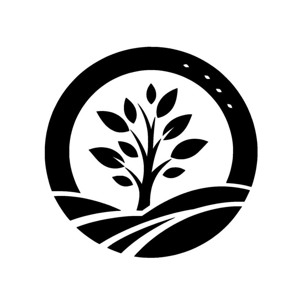 Minimalist Black and White of a Tree Growing on Rolling Hills Enclosed Within a Circular Frame, Symbolizing Nature and Growth. vector