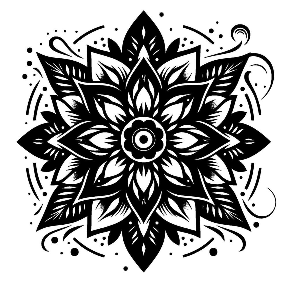 Intricate black and white floral mandala with layered petals, circular design, and delicate dot and line accents, symbolizing balance and harmony. vector