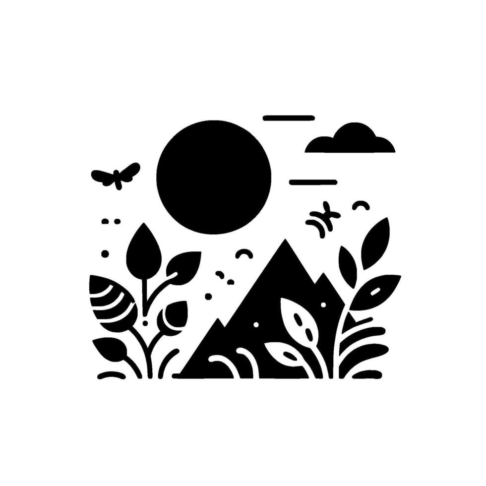 Stylized black and white landscape scene featuring mountains, a sun, clouds, plants, and a flying insect. vector