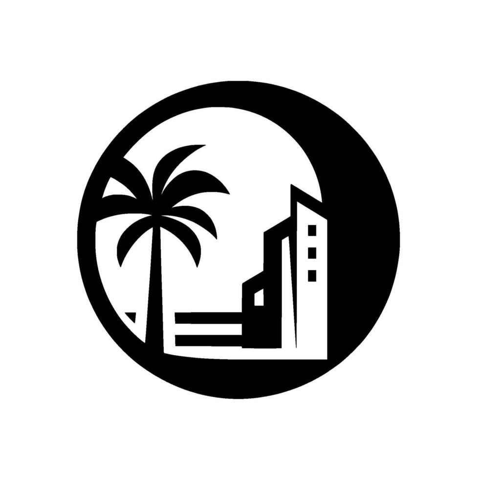 A minimalist black and white emblem featuring a palm tree and a modern building silhouette within a circular frame, suggesting tropical urbanism. vector