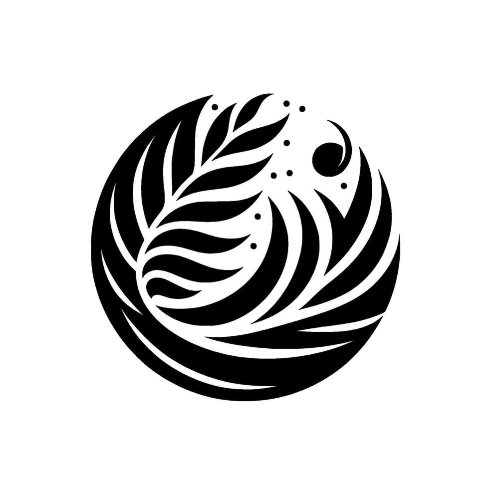 Black and White Floral Emblem A Circular Botanical Illustration with Leafy Symmetry and Dot Accents, on a White Backdrop. vector