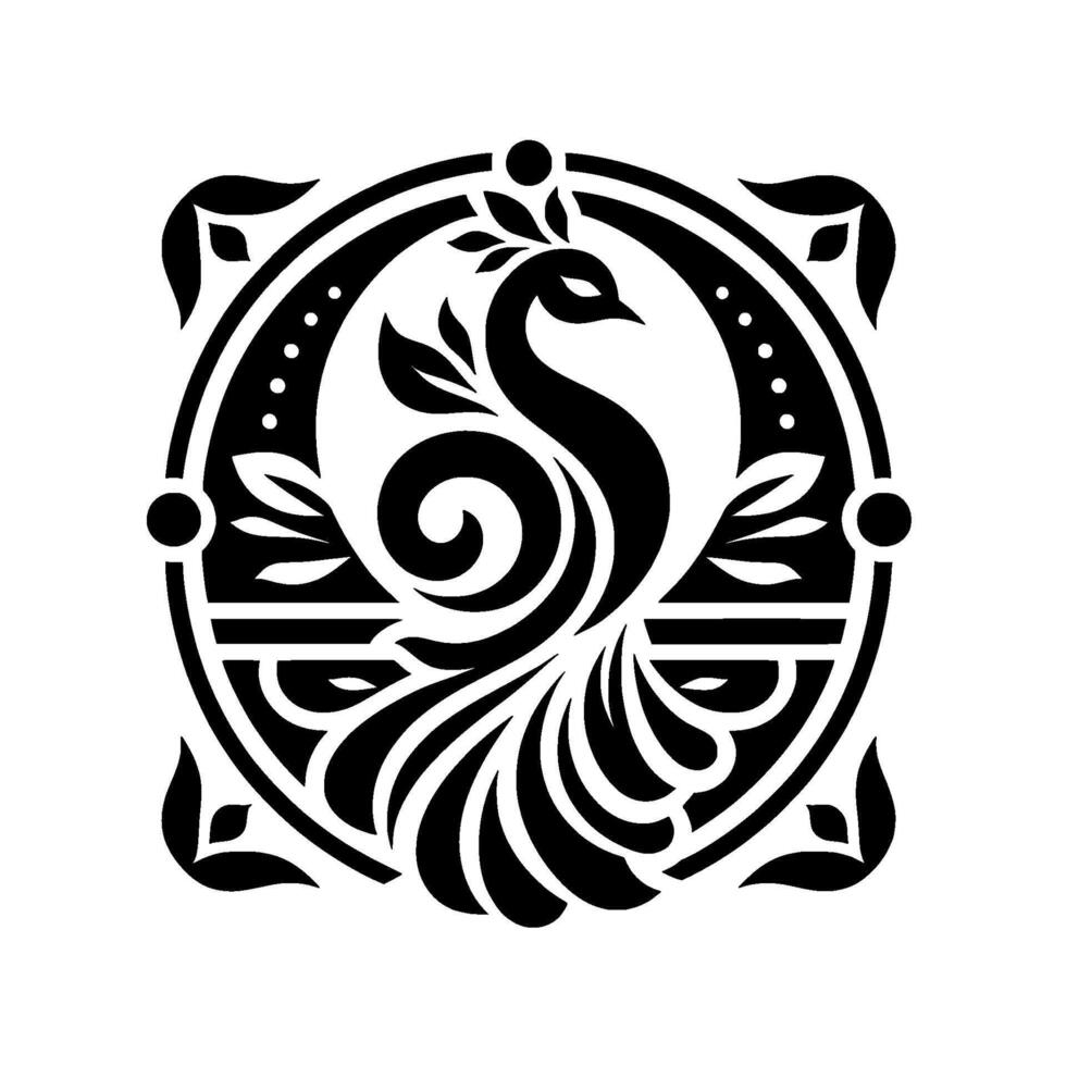 Elegant black and white peacock crest with ornate, stylized elements in a circular, symmetrical design, on a plain white background. vector