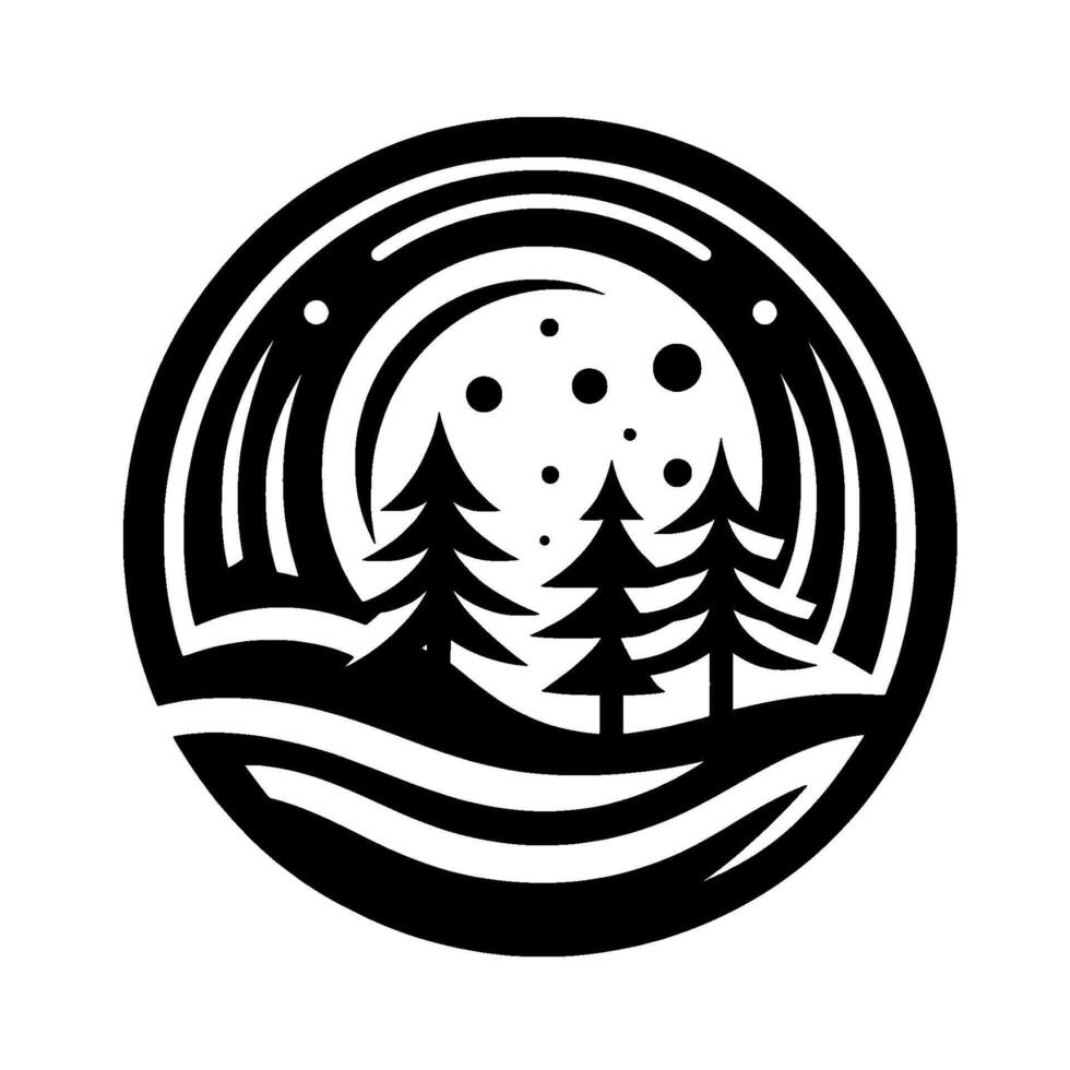 Stylized black and white circular nature emblem featuring three fir trees on a hill, under a dotted sky, within a geometric border. vector