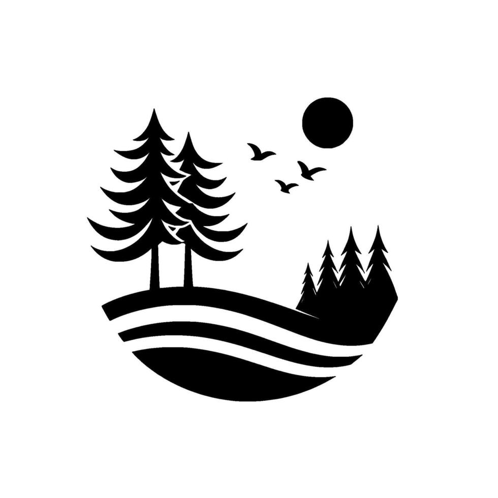 Minimalist black and white nature scene featuring stylized evergreen trees, a sun, flying birds, and a hilly landscape, evokes tranquility. vector