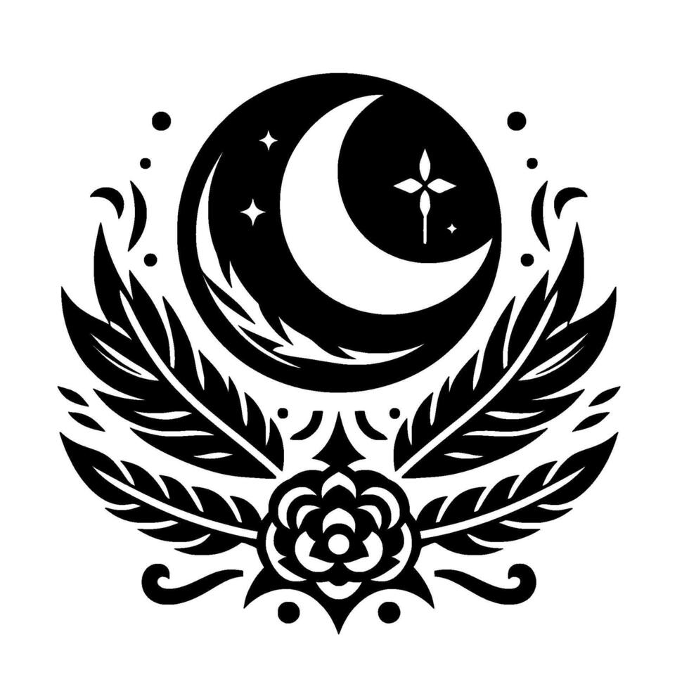 Black and White Celestial Emblem with Crescent Moon, Stars, Feathers and Floral Element. vector