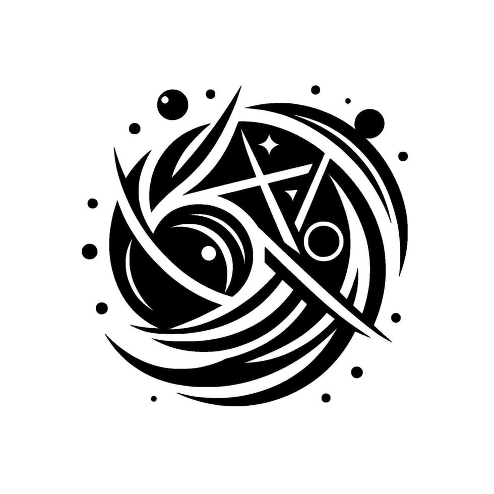 Abstract Black and White Circular Design Geometric Shapes, Spirals, and Star within a swirling composition, evoking a sense of cosmic energy. vector